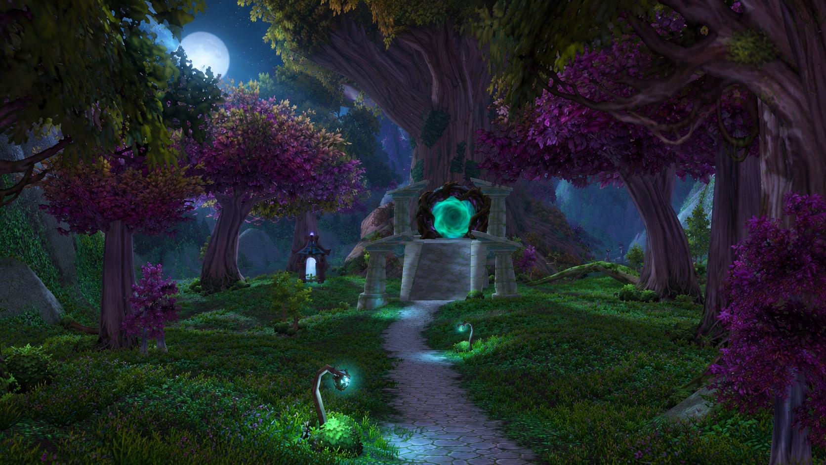 Recreation: Twilight Grove Emerald Dream portal, druid guide setting, an empty World of Warcraft environment