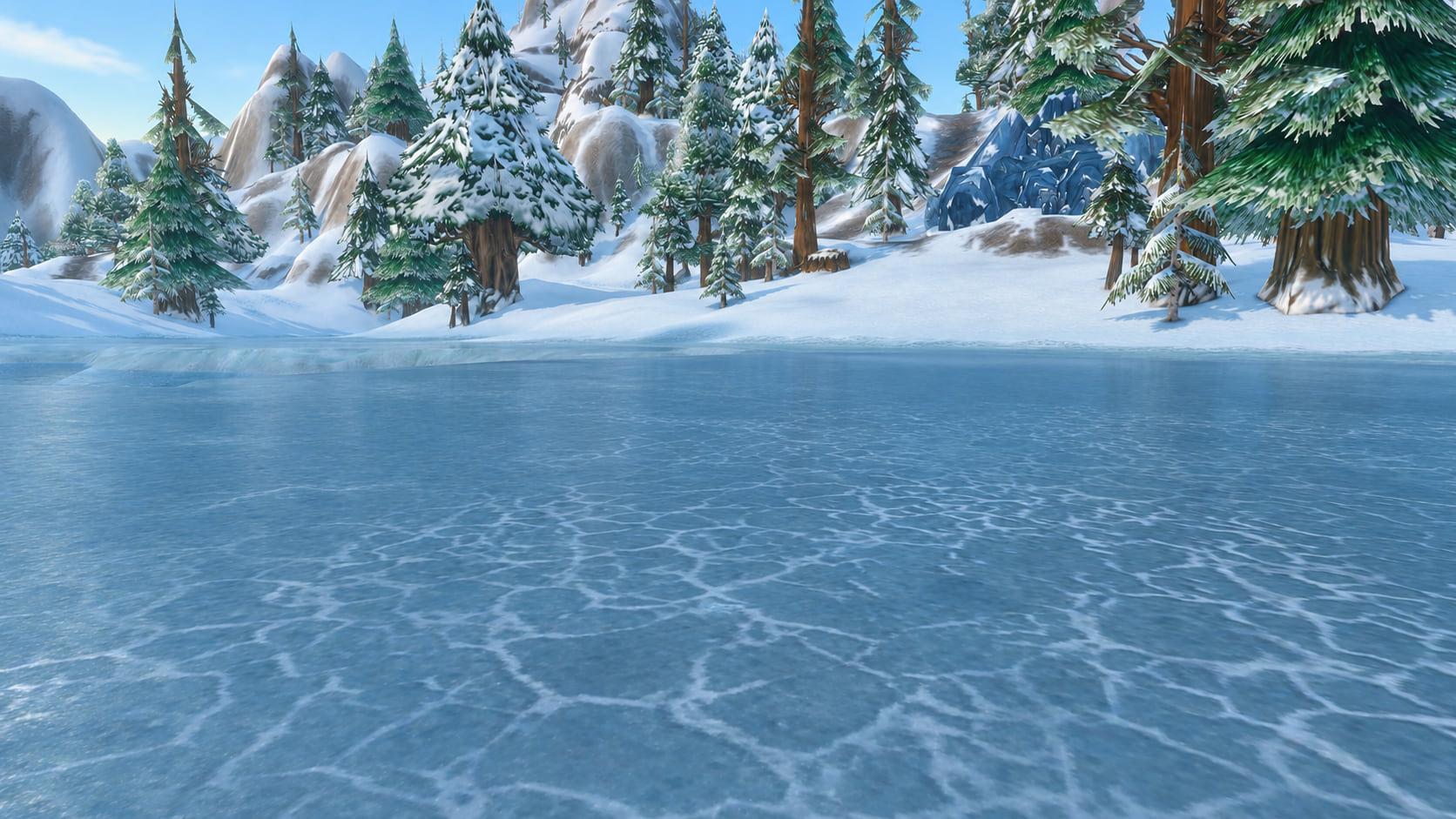 Recreation: Dun Morogh frozen lake and snowy forest, hunter guide setting, an empty World of Warcraft environment