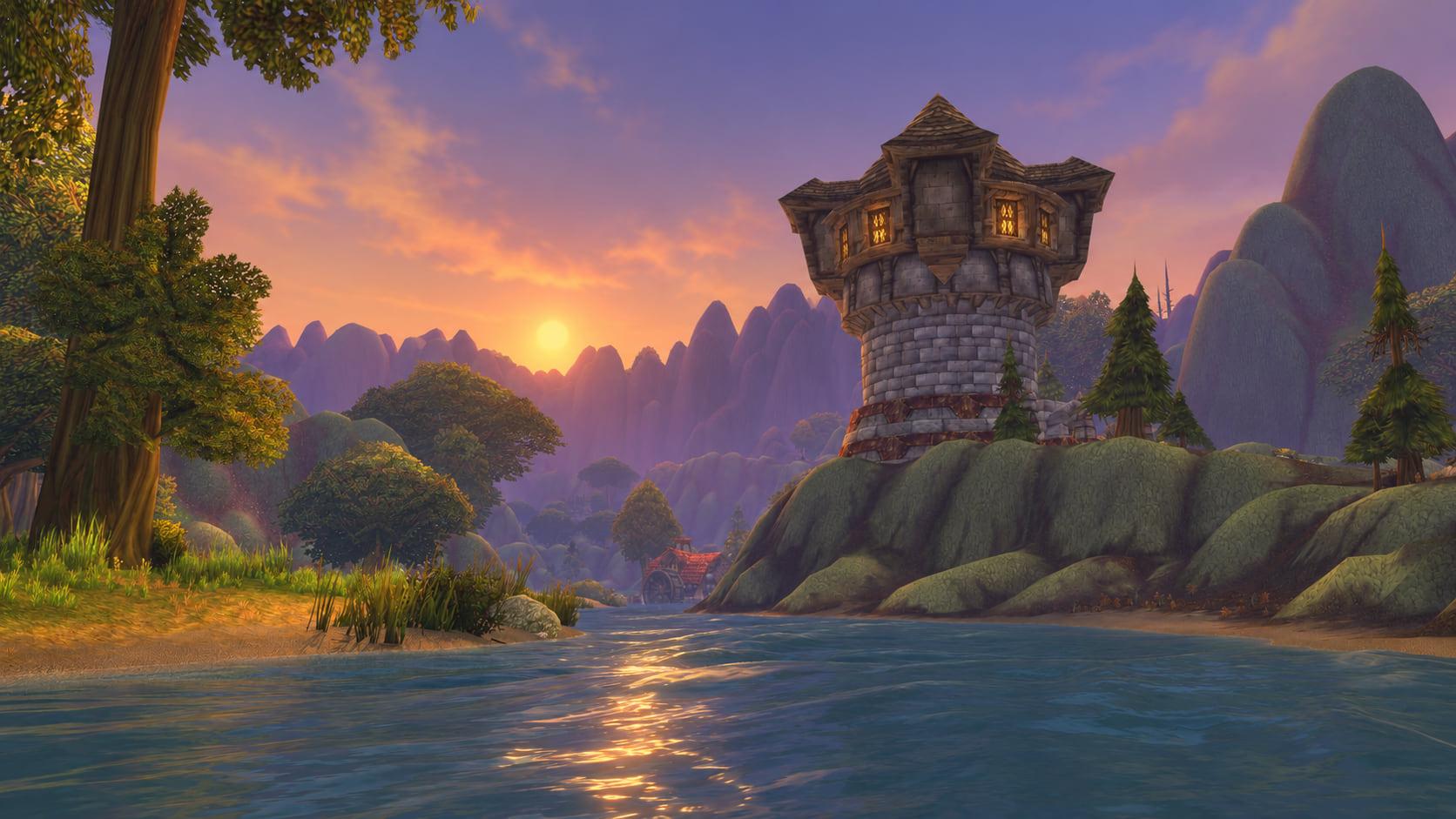 Recreation: Riverglades mage tower beside a river, an empty World of Warcraft environment