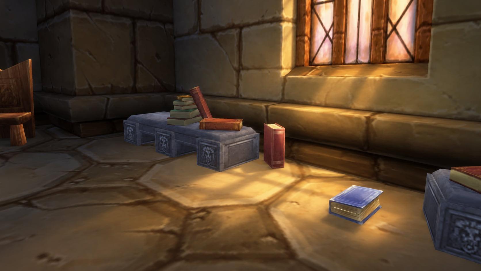 Recreation: Scarlet Monastery library books by a window, an empty World of Warcraft environment