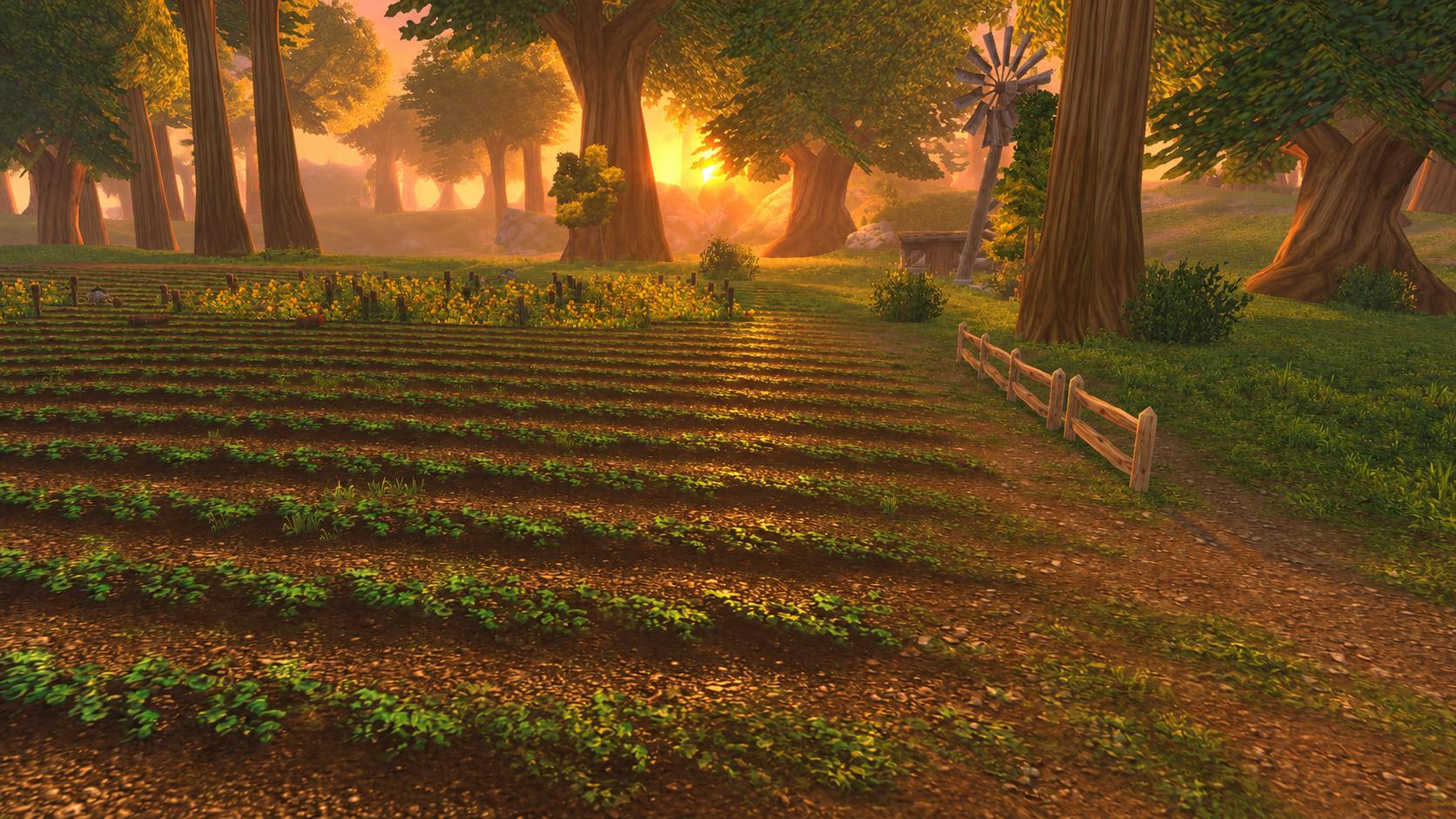 Recreation: Elwynn Forest farmlands at sunset, an empty World of Warcraft environment