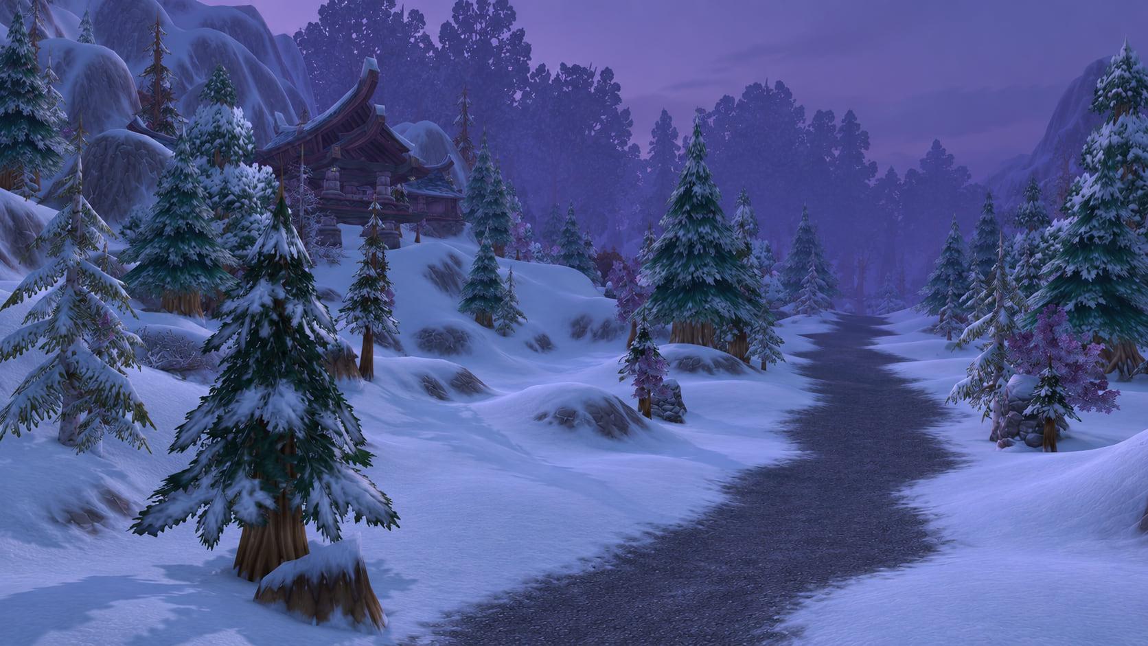Recreation: Winterspring Forest Road, an empty World of Warcraft environment