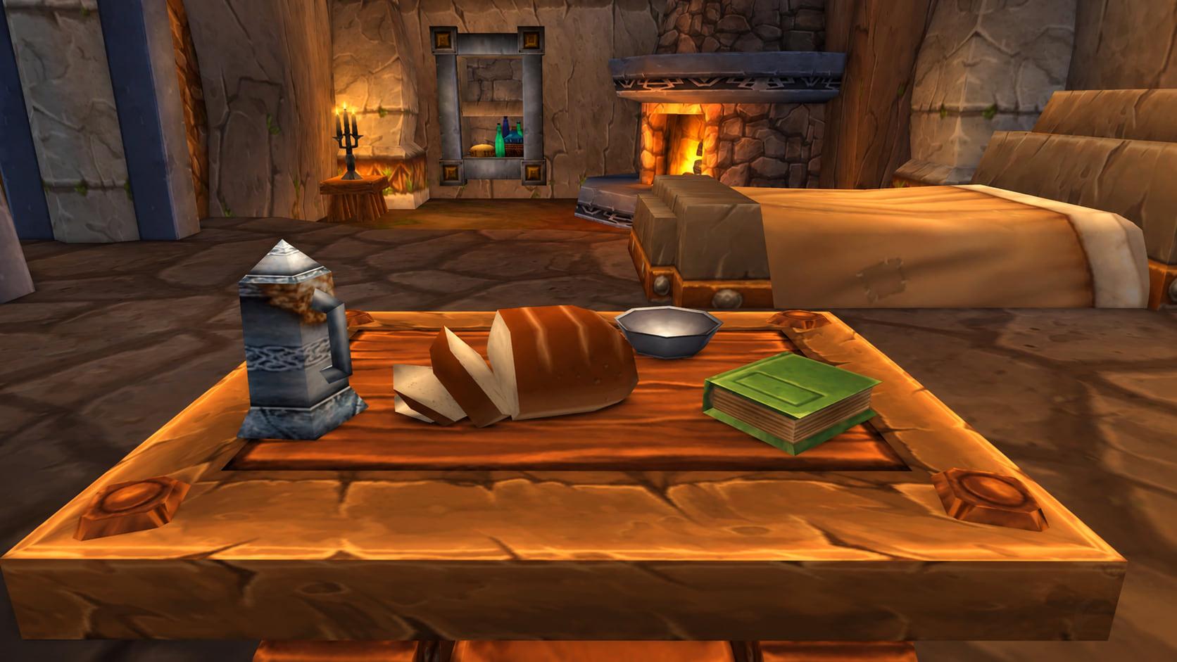 Recreation: Classic inn meal table by a hearth, an empty World of Warcraft environment
