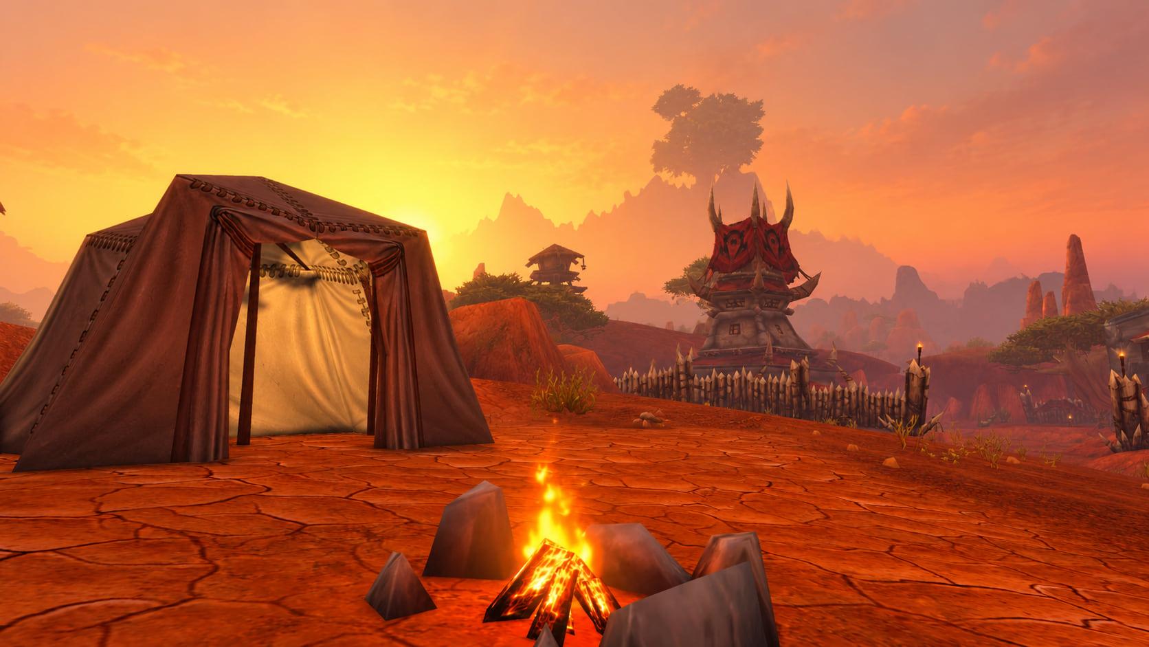 Recreation: Durotar campfire and tent, an empty World of Warcraft environment