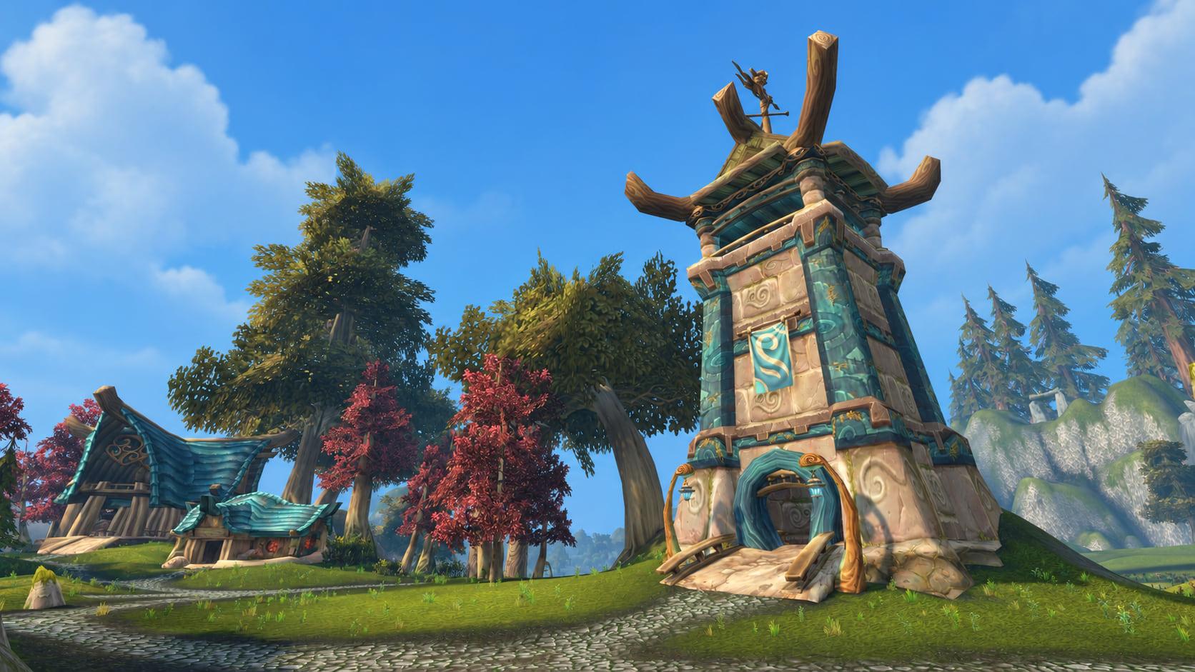 Recreation: Zephras Isle shrine among autumn trees, an empty World of Warcraft environment