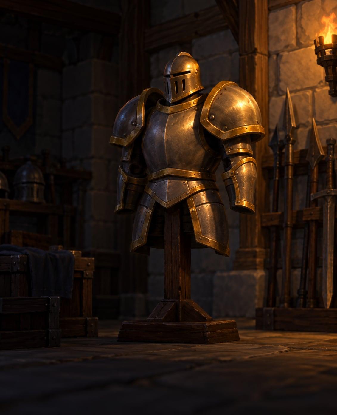 Illustration: a suit of heavy plate armour on a wooden stand in a torchlit armoury