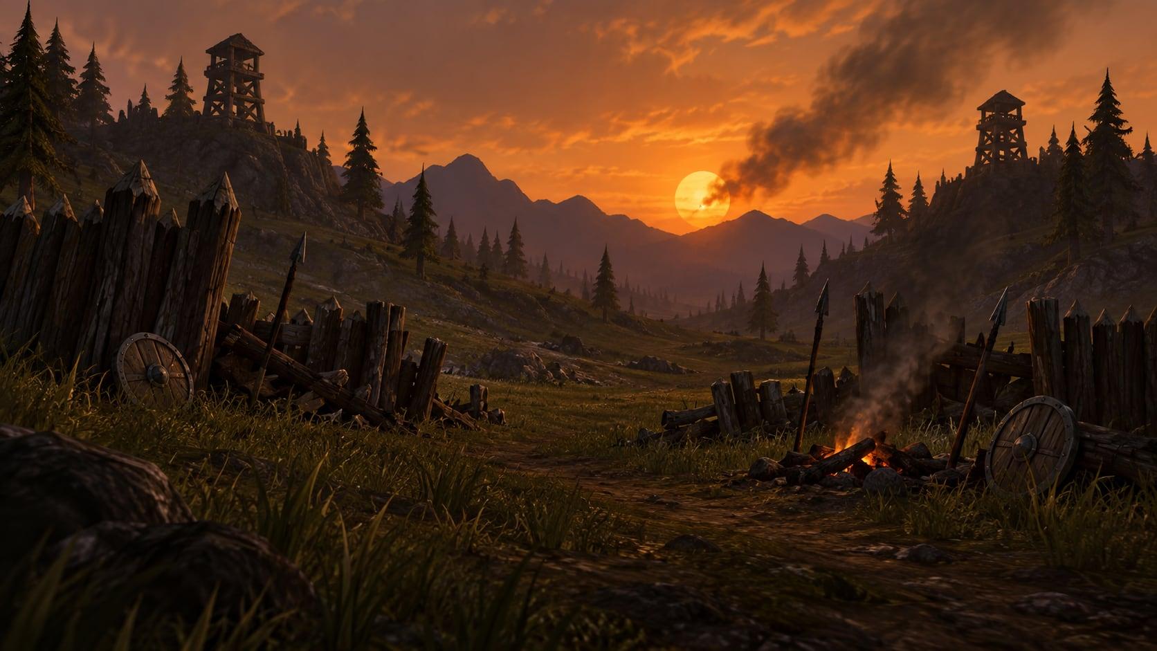 Illustration: an empty battlefield at dusk, a broken palisade and smoke drifting across a low sun
