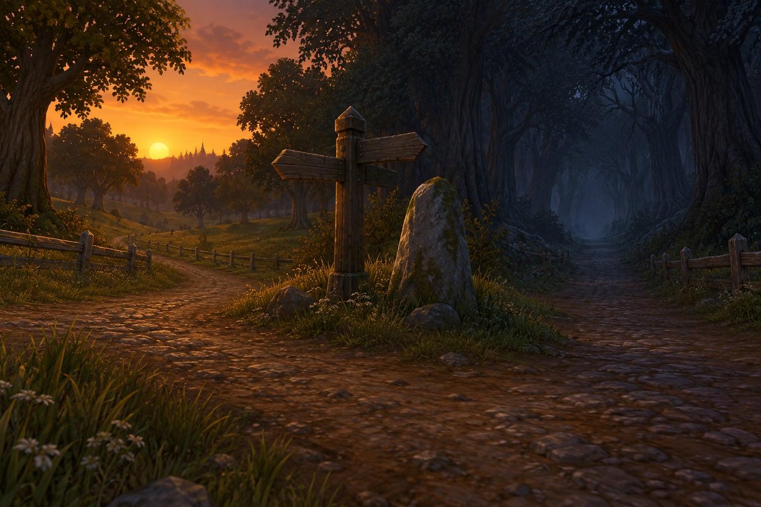 Illustration: dirt paths meeting at a weathered signpost and a mossy standing stone at the edge of a dark forest at dusk