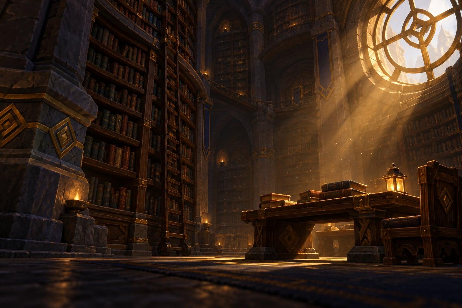 Illustration: a vast vaulted library with towering bookshelves and a shaft of warm light falling on a reading table