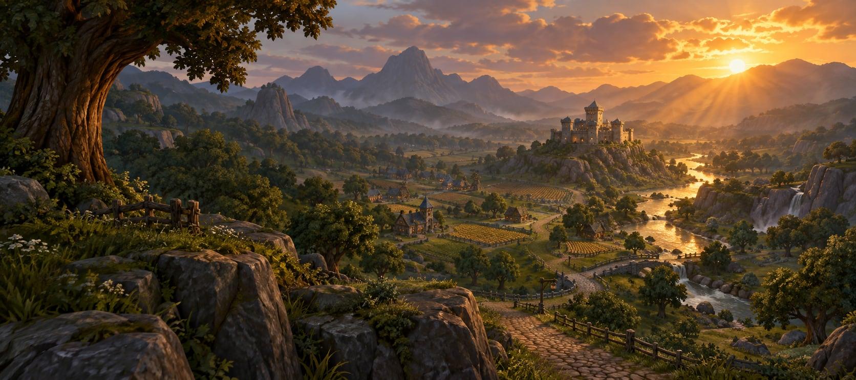 Illustration: sunrise over a wide valley seen from a cliff top, a road leading toward a distant hilltop keep