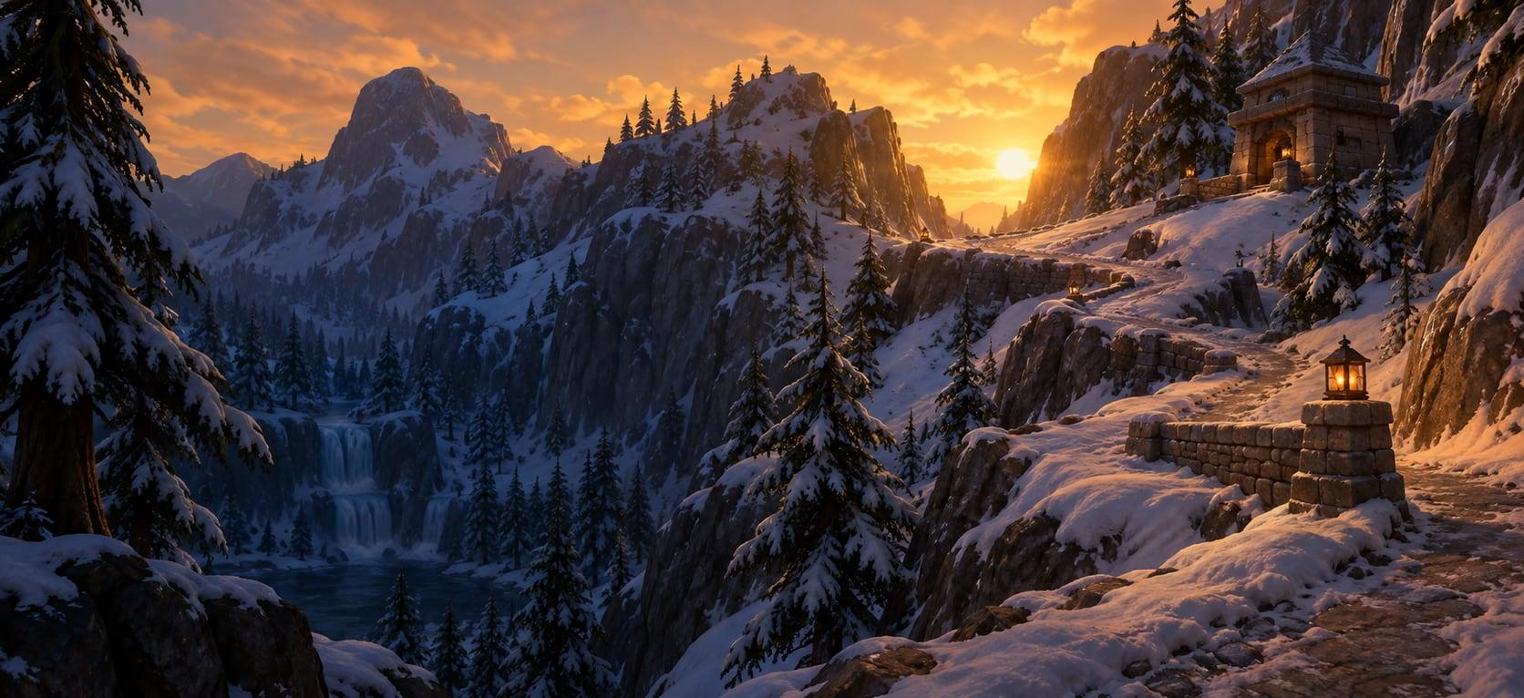 Illustration: a switchback trail climbing a snowy mountain pass at golden hour, a lantern-lit waystation halfway up