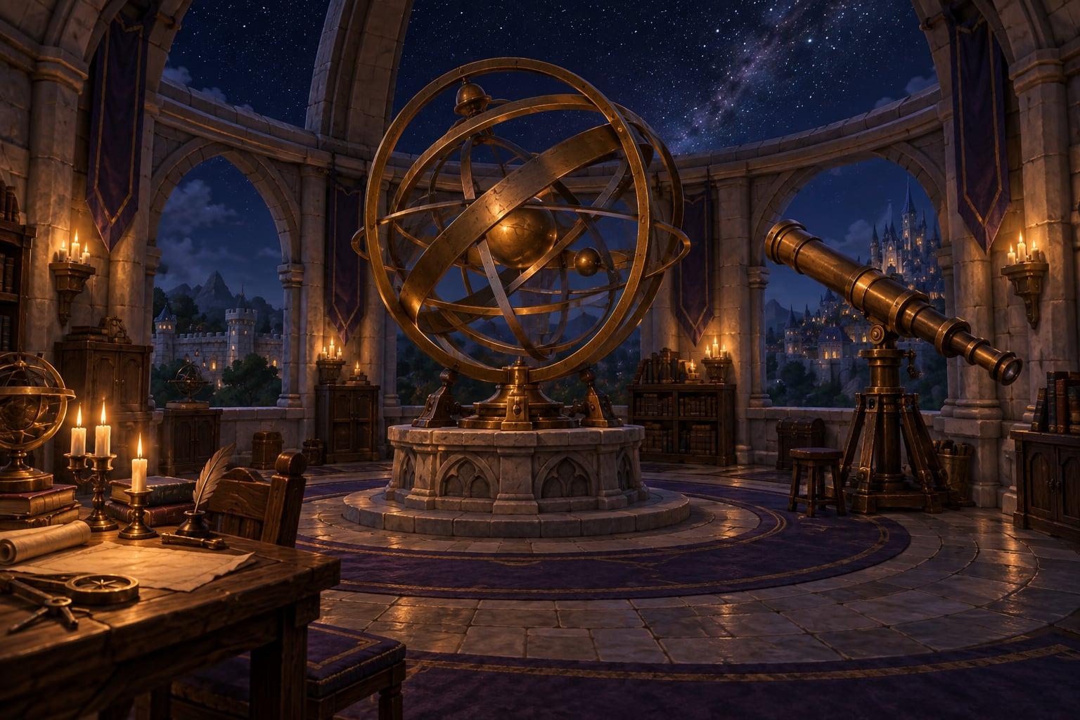 Illustration: a candlelit stone observatory with a brass armillary sphere and telescope under a starry sky