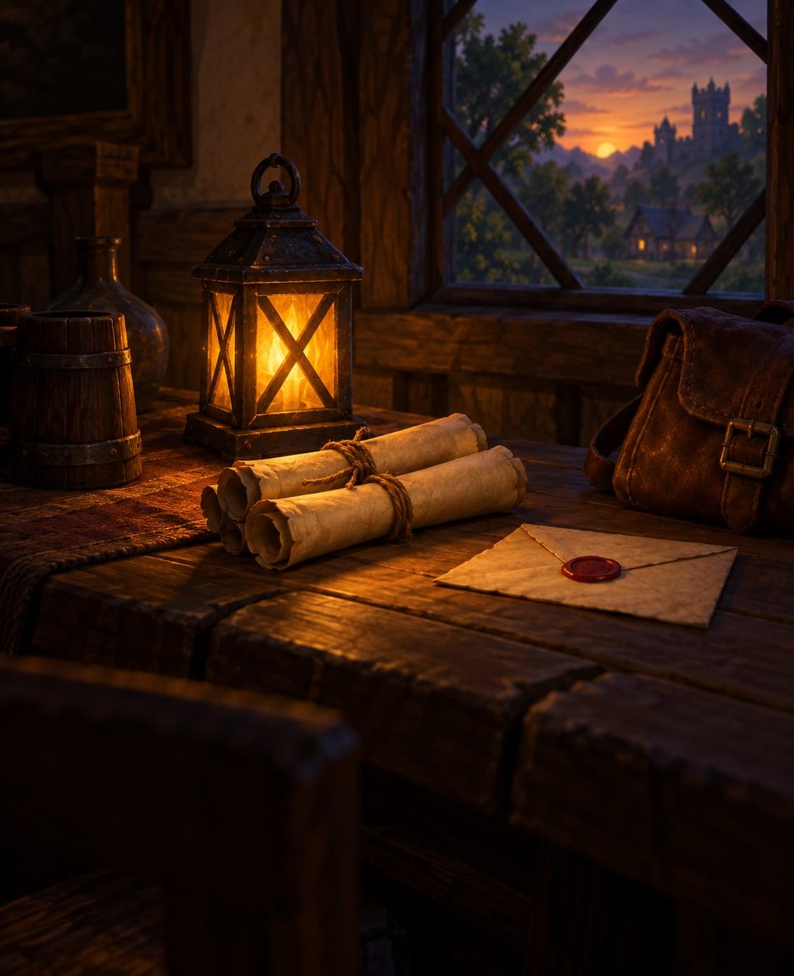 Illustration: sealed scrolls, a wax-sealed letter and a lantern on a tavern table by a window at dusk
