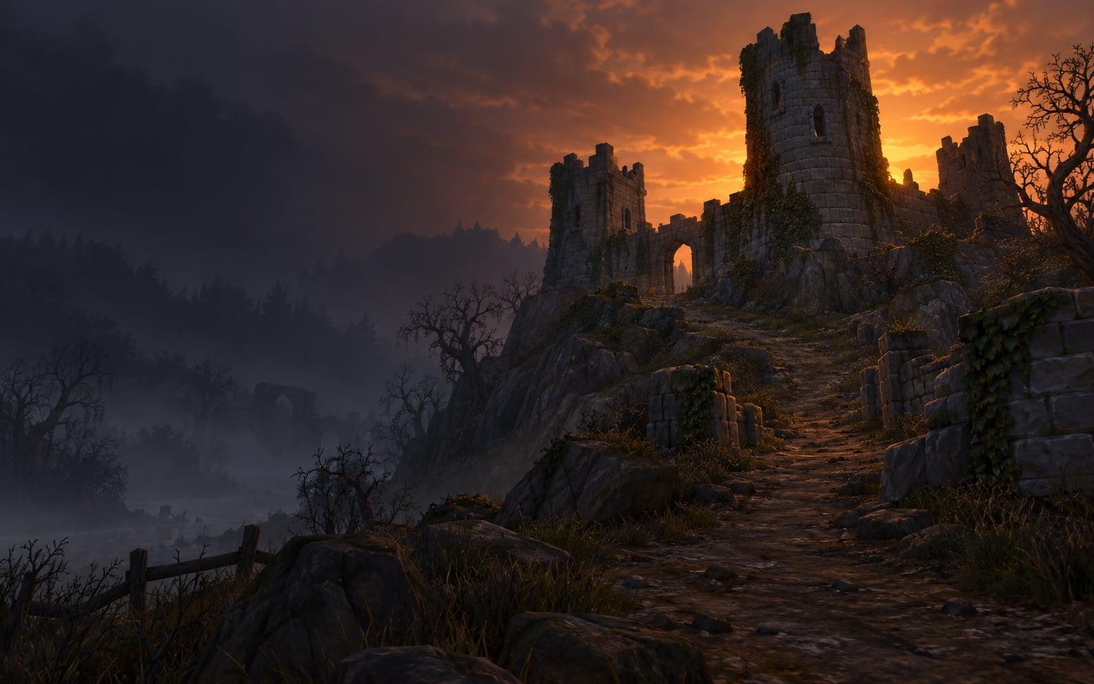 Illustration: a ruined hilltop keep at dusk, its broken towers lit amber by the setting sun above a misty valley