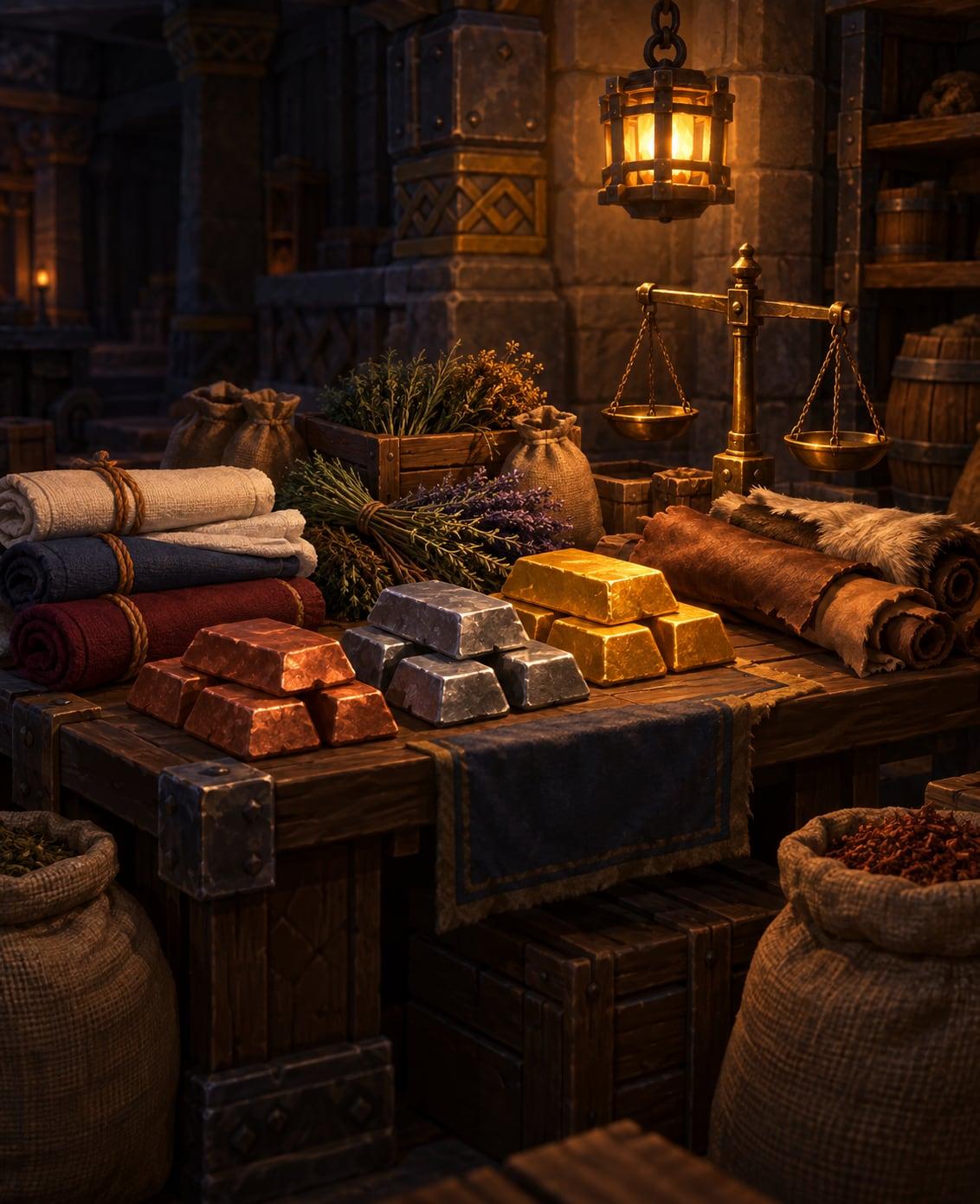 Illustration: a merchant's table stacked with metal ingots, bolts of cloth, herbs and a brass balance scale