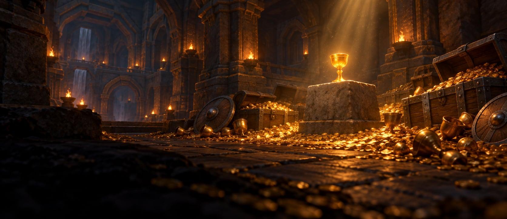 Illustration: a torchlit vault heaped with gold coins and chests around a glowing golden chalice on a plain stone block