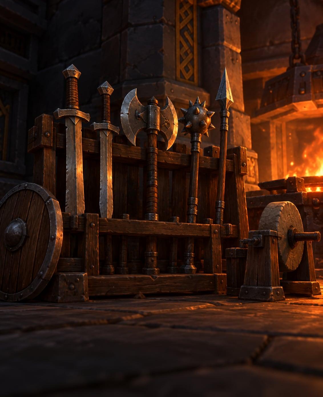Illustration: a wooden rack of swords, axes and maces lit by the glow of a forge