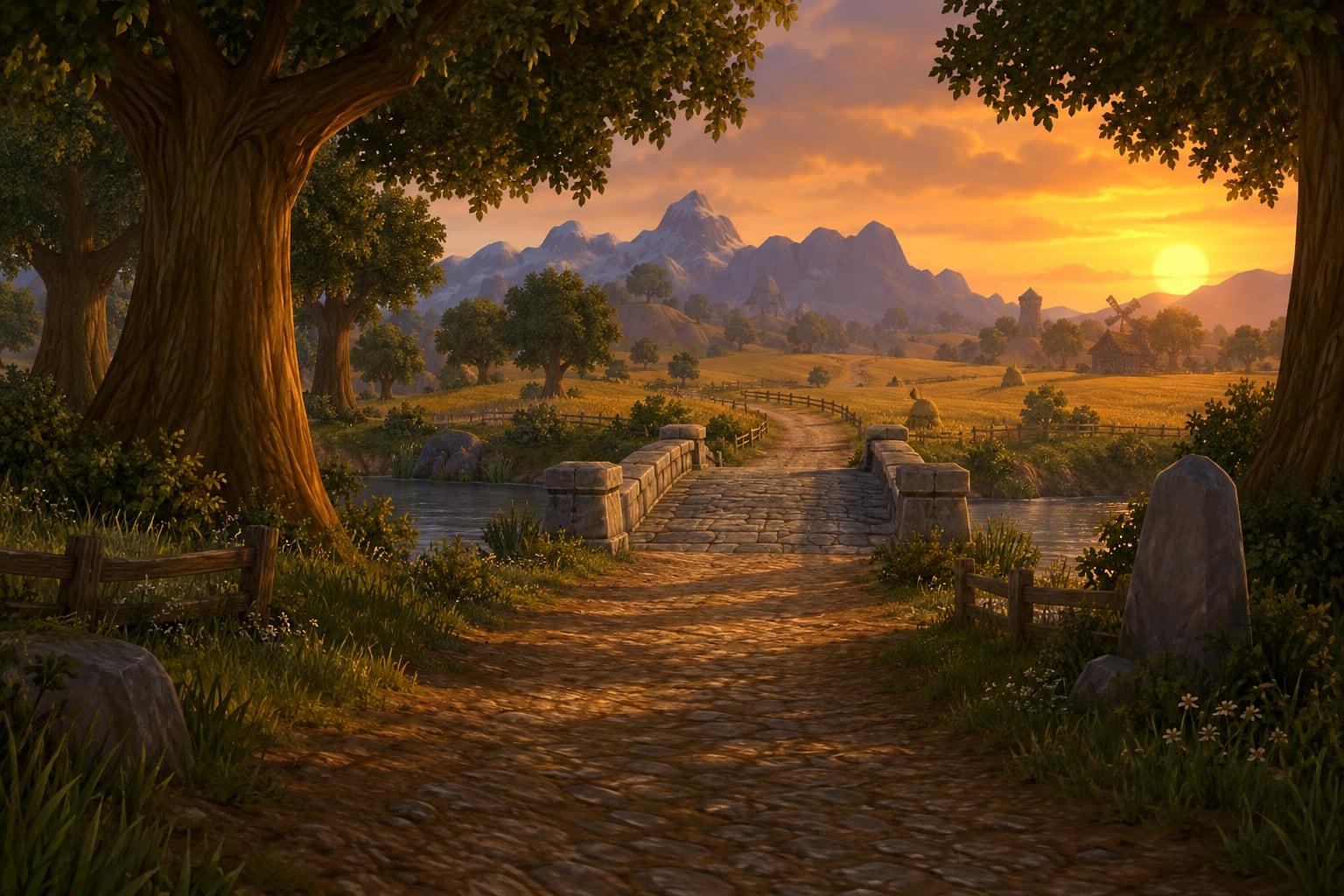 Illustration: a dirt road crossing a small stone bridge through meadows and golden fields toward distant snowy mountains