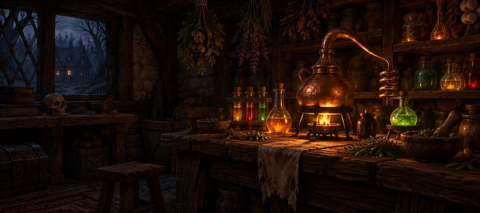 Illustration: an alchemist's bench crowded with glowing flasks, a bubbling alembic and hanging herbs