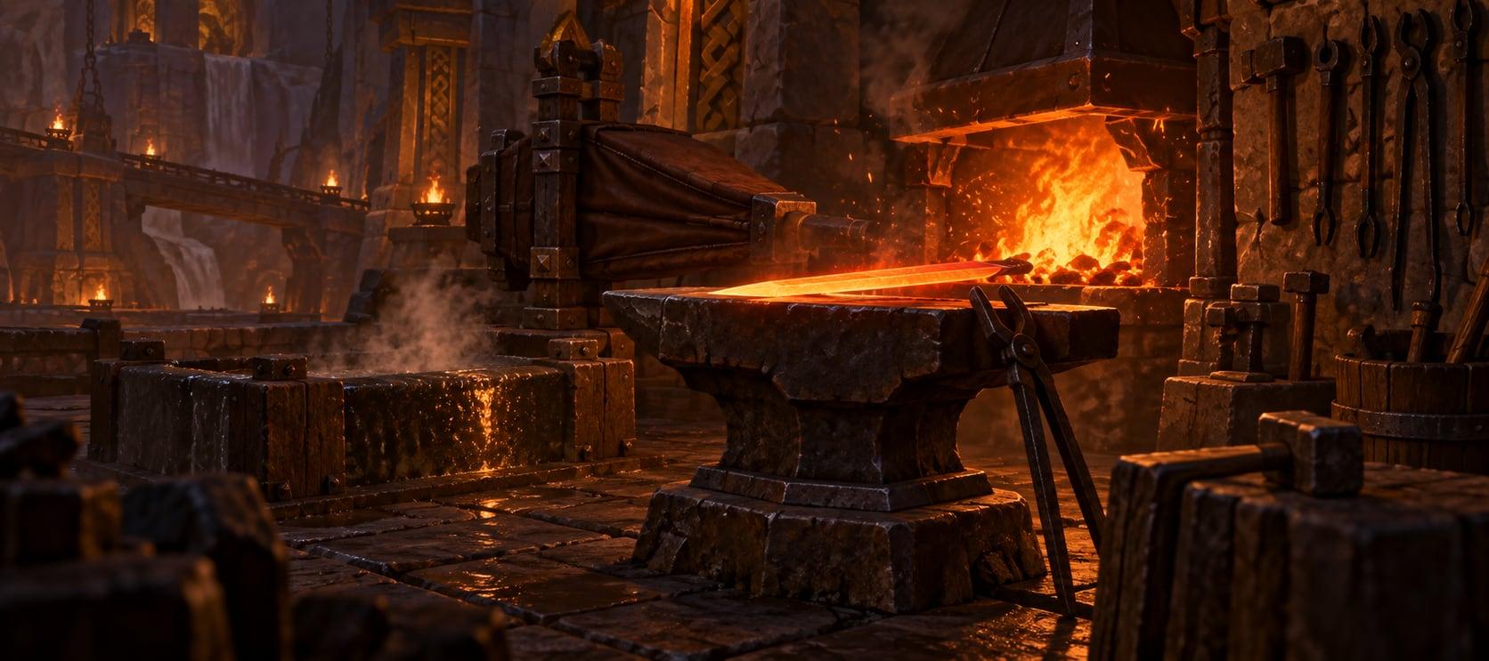 Illustration: a glowing forge, an anvil with a red-hot blade and sparks in the air