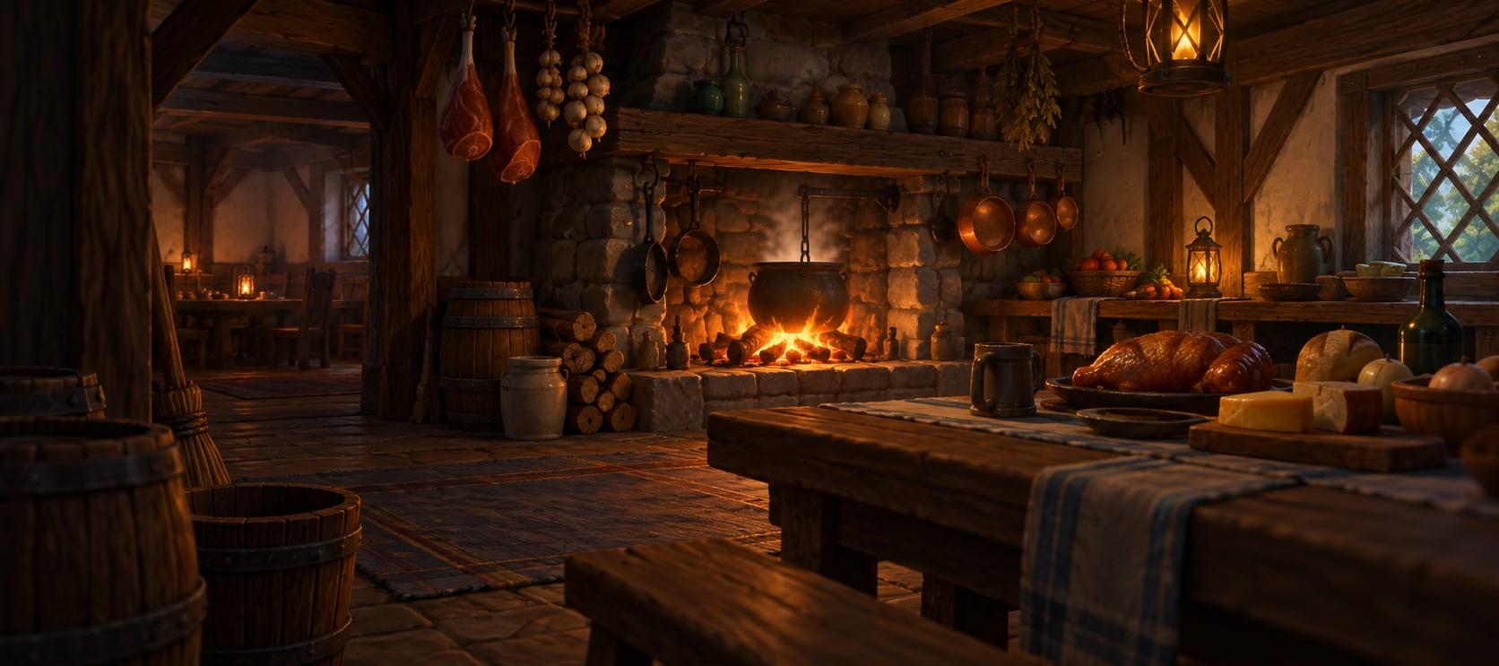 Illustration: a rustic inn kitchen with a big hearth, a bubbling cauldron and a table of bread, cheese and roast
