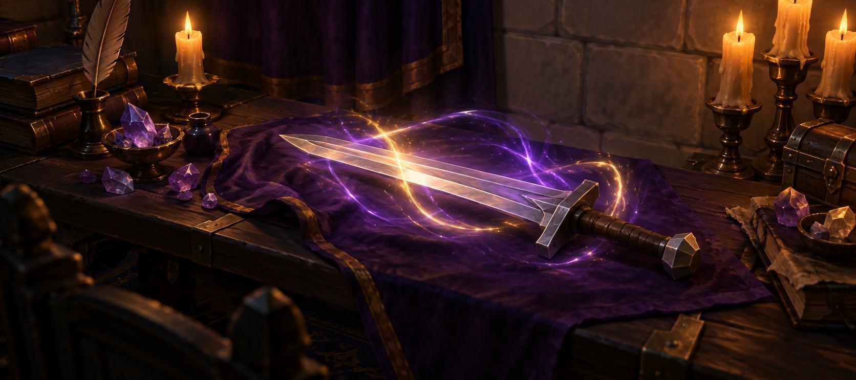 Illustration: a plain sword on violet cloth on a candlelit table, wreathed in swirling motes of violet and gold light
