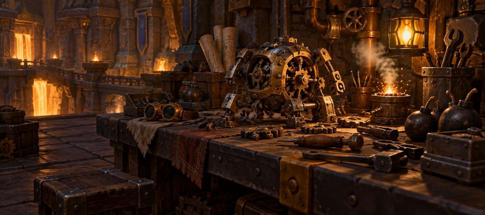 Illustration: a tinkerer's workbench of brass gears, pipes, bombs and a half-built clockwork contraption