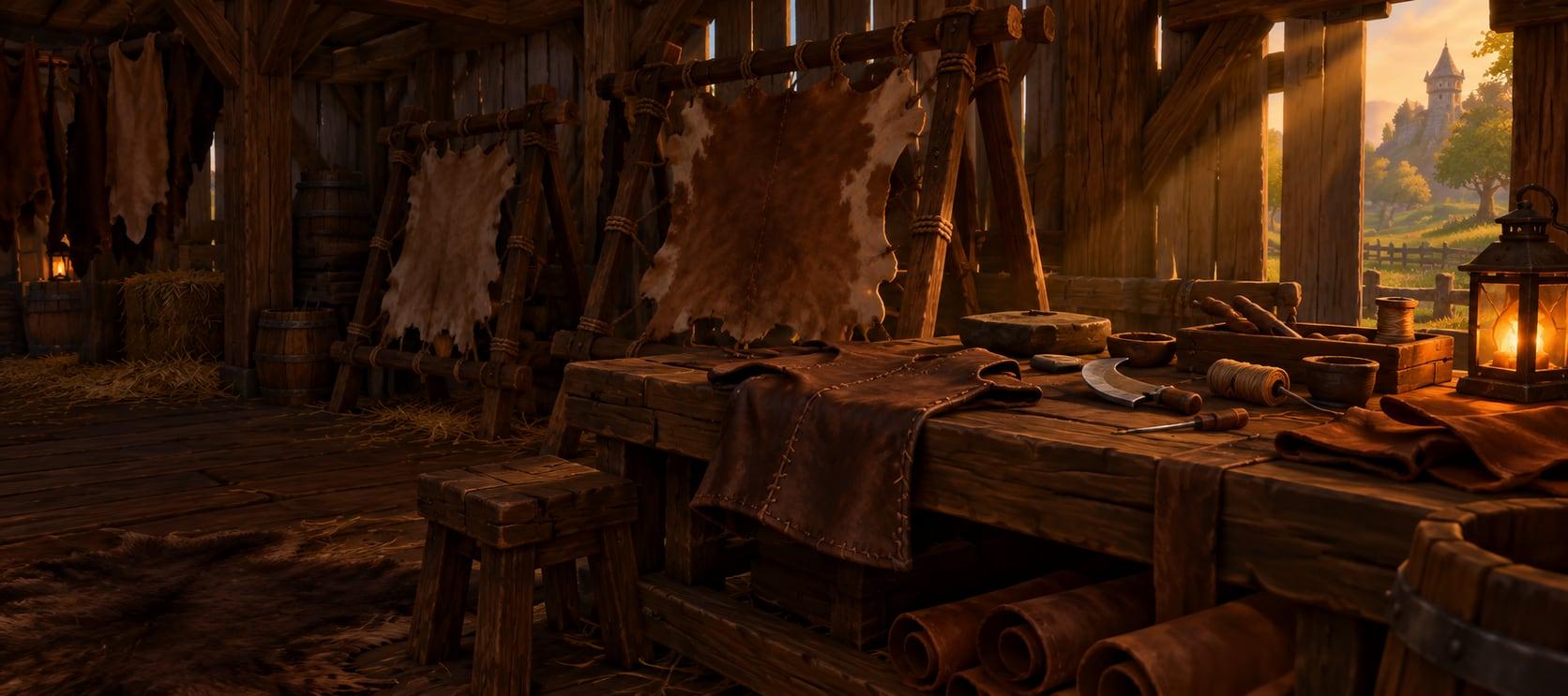 Illustration: a leatherworker's workshop with hides stretched on frames and tools on a workbench
