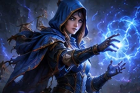 A Mage casting a glowing spell in the Mage Quarter of Stormwind at night